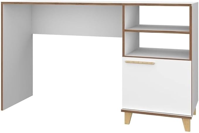 Eden Home Mid-Century Solid Wood Writing Desk 53.14 W x 31.1 H White Finish 2 Open Shelves and 1 Concealed Cubby Splayed Legs Modern Home Office Desk for Work or Study Spaces