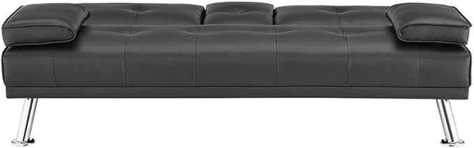 Naomi Home Black Futon Sofa Bed Faux Leather Futon Couch with Armrest and 2 Cupholders Pull Out Sofa Bed Couch with Metal Legs Reclining Small Bed Black Couches for Living Room
