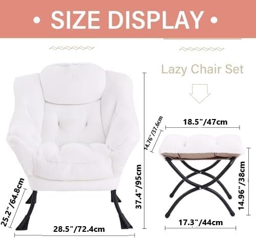 Tiita Lazy Chair with Ottoman White Modern Large Accent Chair Comfy Leisure Sofa Armchair with Ottoman Reading Chair with Footrest for Bedroom Living Room Dorm Rooms Plush White