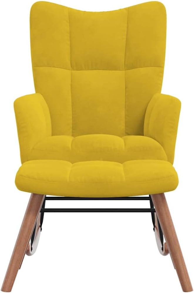 vidaXL Stylish Mustard Yellow Velvet Rocking Chair with Matching Stool Set - Comfortable Foam Padding Steel Frame and Wood Rocking Rails