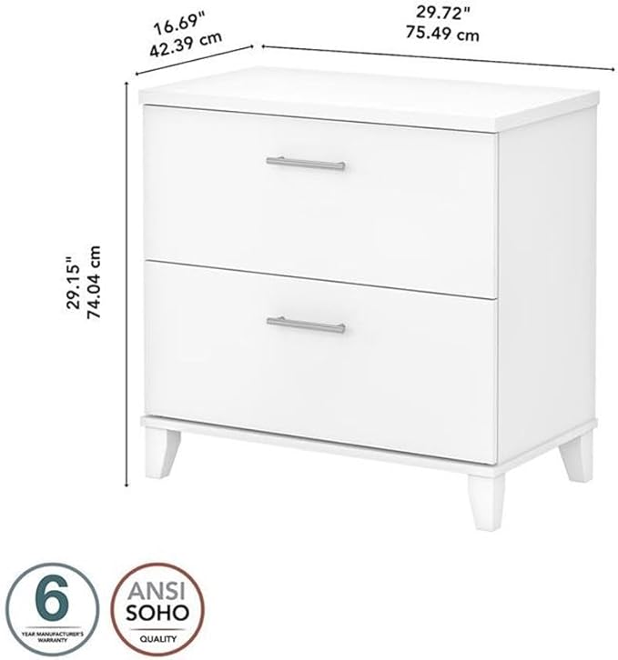 Pemberly Row 2 Drawer Lateral File Cabinet Engineered Wood White Finish 30W x 17D x 29H Full-Extension Ball Bearing Slides Transitional Style Home Office Filing Cabinet for Legal and Letter