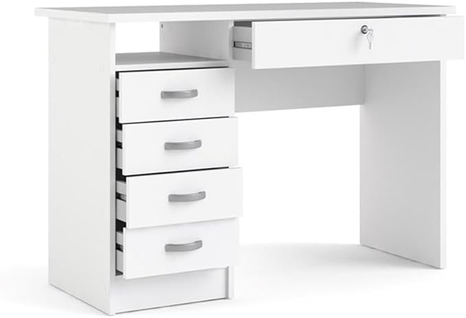 Pemberly Row Transitional Engineered Wood Home Office Computer Desk White Finish 43 in Wide 5 Drawers with Lockable Storage Durable Scandinavian Design Ideal for Writing or Work Spaces