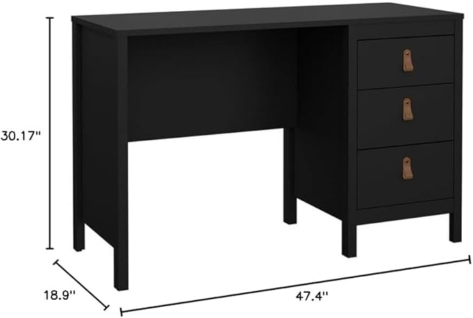 Pemberly Row Home Office Writing Desk 47 in Engineered Wood Black Matte Paper Foil Finish 3 Storage Drawers with Metal Glides 2 Hardware Options Sleek Workspace for Home or Office Use