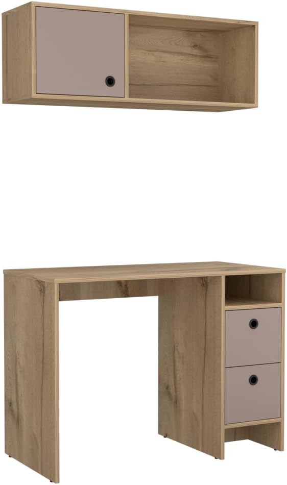 Khali 2-Pc Office Set - Light Oak/Taupe: Spacious Desk &amp Wall Cabinet for a Home Office