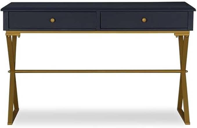 Pemberly Row Writing Desk 47.5 W x 19.5 D x 29.25 H MDF and Metal Blue Top with Gold Criss Cross Legs 2 Drawer Storage Modern Style for Office or Workspace