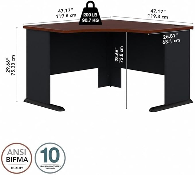 BOWERY HILL 48 Transitional Wood Corner Desk Cherry/Gray Finish Thermally Fused Scratch-Resistant Laminate Wire Management Grommets C-Leg Design Compact Office Desk for Small Workspaces