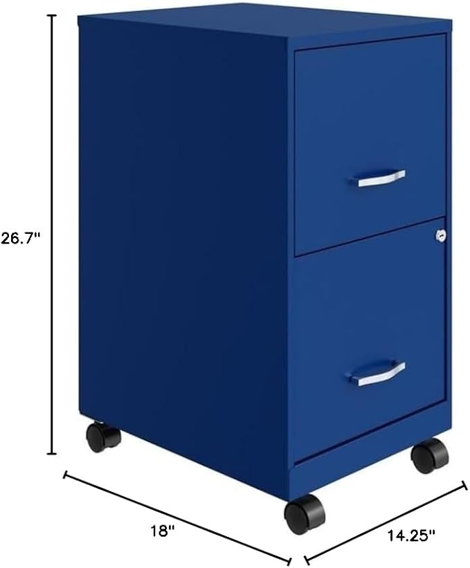 Pemberly Row 2-Drawer Metal Mobile Filing Cabinet 18 D x 14.25 W x 26.7 H Blue Finish Locking System Smooth Glide Suspension Letter-Size Hanging File Storage Home or Office Use