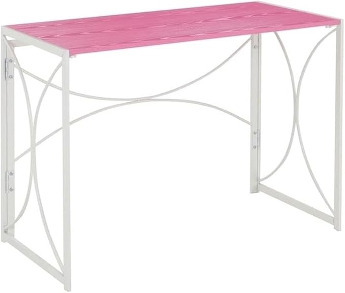 Pemberly Row Folding Desk 39.5 x 19.75 x 29.5 in Pink Wood Top White Metal Frame Space-Saving Design Lightweight Portable Desk for Home Office Dorm Room Compact Workspaces