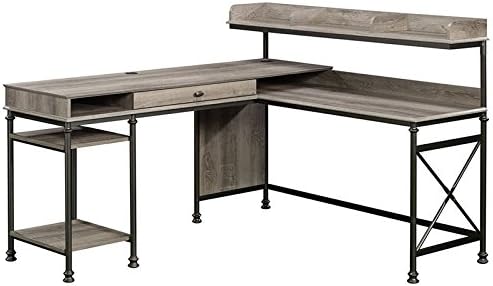 Pemberly Row L-Shape Wood and Metal Computer Desk Northern Oak Finish 60.75 in Wide Built-in USB Ports Cord Management Pencil Drawer Elevated Shelving Industrial Style Home Office Desk