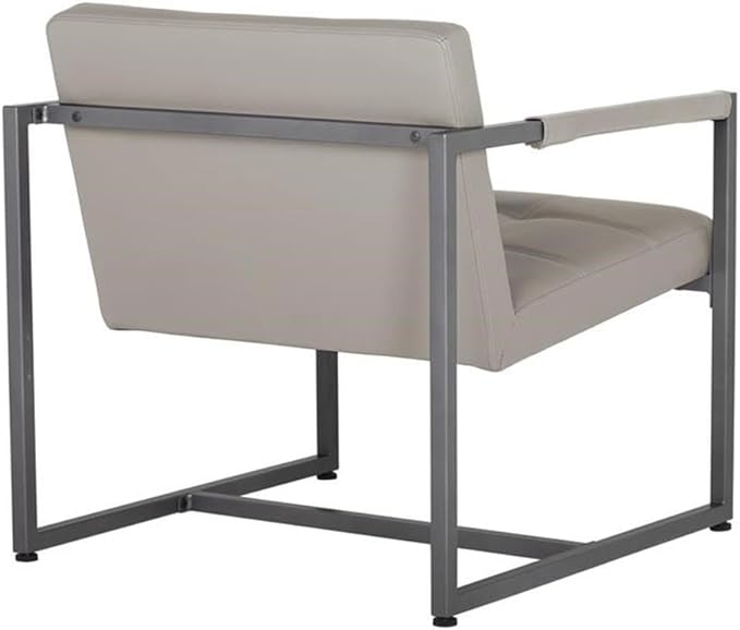 Pemberly Row Small Accent Chair Metal and Leather Pewter Finish Off White Mushroom Color 27.5 W x 30.5 D x 29.25 H Mid-Century Style Living Room or Office Seating Durable Powder-Coated Frame
