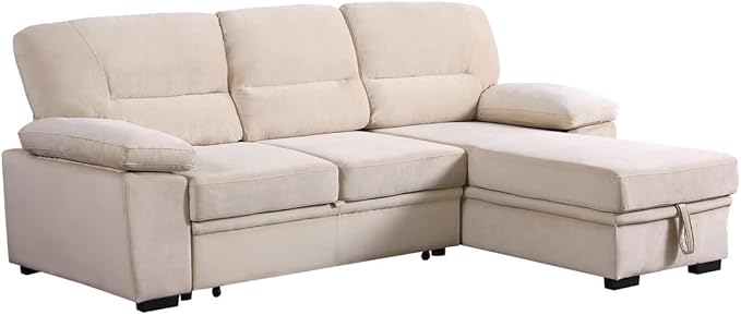 Lilola Home Kipling Beige Velvet Fabric Reversible Sleeper Sectional Sofa Chaise
