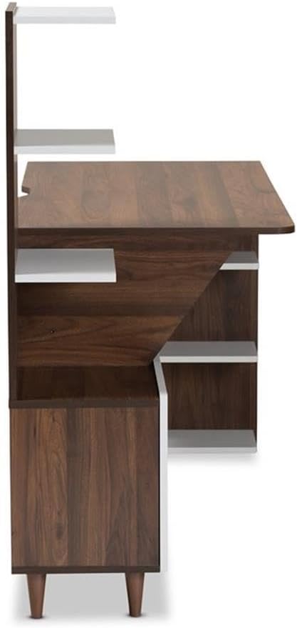 BOWERY HILL Storage Computer Desk 60.6 Wide Wood Construction White and Walnut Brown Finish 6 Shelves with Enclosed Compartment Mid-Century Style for Home Office or Workspace