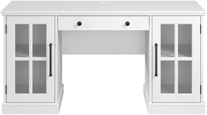 BOWERY HILL 60W Computer Desk Engineered Wood White Finish Keyboard Tray Storage Cabinets with Adjustable Shelves Farmhouse Style Home Office Desk with Matte Black Handles Durable Design for