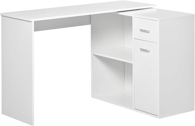 L Shaped Corner Desk with Storage Shelves and Rotating Design for Home Office White