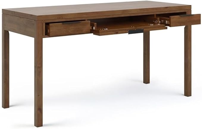 Pemberly Row Solid Wood Contemporary Desk 60 W x 24 D x 31.5 H Medium Saddle Brown Stain 2 Side Drawers Keyboard Tray Home Office Computer Desk