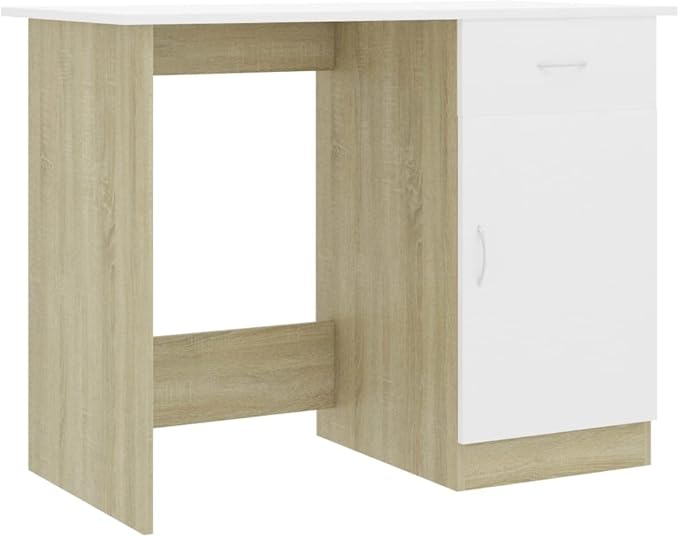 Modern Writing Computer Desk with a Drawer and a Door Home Office Desk Writing Study Table PC Desk Workstation for Bedroom White and Sonoma Oak 39.4x19.7x29.9 Engineered Wood(E)