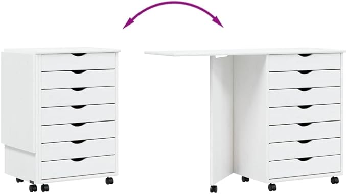 Foldable Design Rolling Cabinet with 7 Storage Drawers Mobile Home Office Study Writing Desk with Smooth Wheels Space Saving Compact Desk White