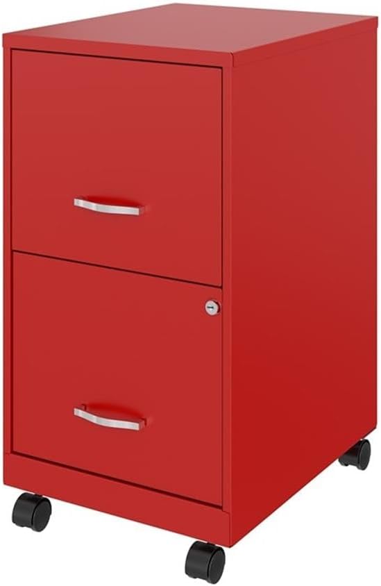 Pemberly Row 2-Drawer Metal Vertical Filing Cabinet 18 in Depth Red Finish Lockable Mobile Office Storage with High-Side Drawers Easy Roll Casters Fits Under Desk Letter Size Hanging Files