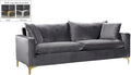 Meridian Furniture Naomi Collection Modern | Contemporary Grey Velvet Upholstered Sofa with Stainless Steel Base in a Rich Gold or Chrome Finish