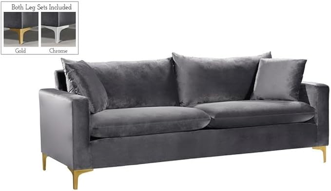 Meridian Furniture Naomi Collection Modern | Contemporary Grey Velvet Upholstered Sofa with Stainless Steel Base in a Rich Gold or Chrome Finish
