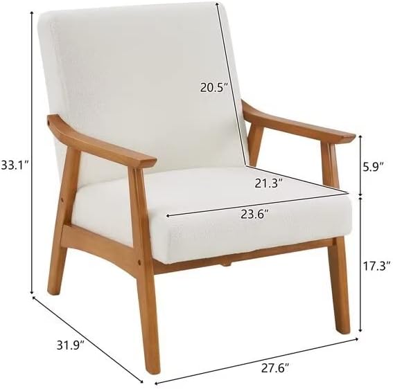Modern Velvet Accent Chair Teddy Velvet Single Indoor Lounge Chair Comfty Sofa Armchair with Wood Legs and Backrest for Living Room Bedroom Compact Space Creamy White