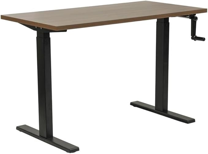 Pemberly Row Adjustable Height Desk 47.25 Wood Worksurface in Danish Walnut Black Steel Base Ergonomic Design Crank Height 27.75-47.5 in Home Office or Study Desk