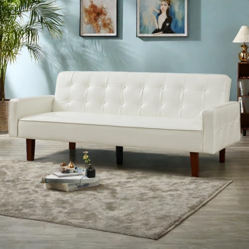 Modern PU Leather 3-Seat Couch Adjustable Backrest Convertable Sofa Sleek Minimalist Fold Out Couch Loveseat with Armrests Sofa for Living Room Home Office Spaces White