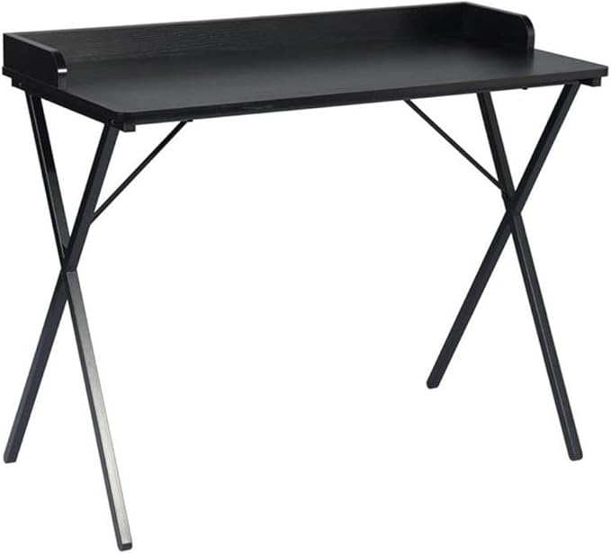 Pemberly Row Modern Black Wood Writing Desk 39.4 in x 18.9 in Metal Frame Sleek Finish Compact Design Spacious Desktop for Home Office Study or Computer Use