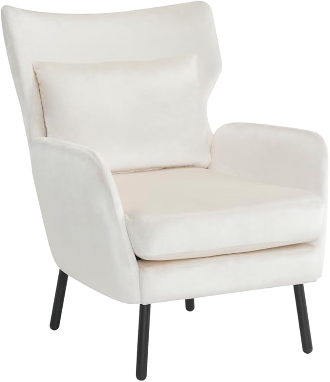 Chair ReclinerWingback Velvet Accent Chair Modern Upholstered Armchair for Living Room Bedroom and Reception Area Comfortable Single Sofa Chair with Metal Legs and Pillow (Beige+Velvet)