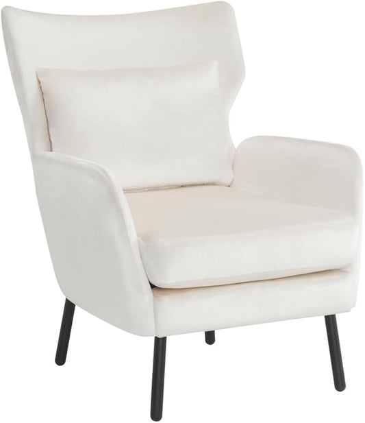 Chair ReclinerWingback Velvet Accent Chair Modern Upholstered Armchair for Living Room Bedroom and Reception Area Comfortable Single Sofa Chair with Metal Legs and Pillow (Beige+Velvet)