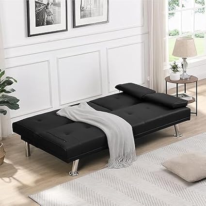 Convertible Folding Futon Sofa Bed with Metal Legs &amp 2 Cupholders Modern New Upholstered Couch Loveseat Sleeper Folding Couches Bed Removable Armrests for Small Spaces (Black)