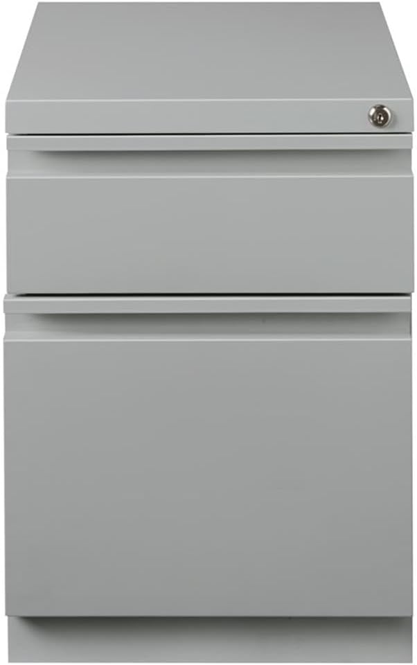 Pemberly Row Mobile Pedestal File Cabinet 20 D Steel Construction 2-Drawer Box/File Full-Width Pulls Hidden Casters Lockable Silver Finish Commercial Grade Filing Cabinet for Office Use