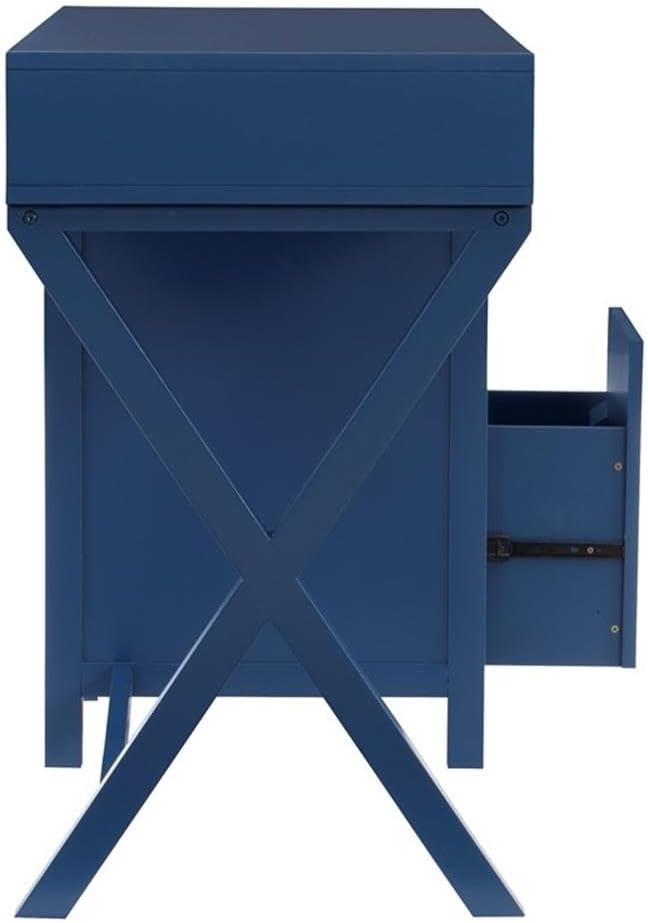 Pemberly Row Modern Wood Side Storage Desk 48 W x 18 D x 30 H Navy Blue Finish 4 Drawers with Silver Handles X-Frame Design Home Office or Bedroom Desk for Writing or Computer Use
