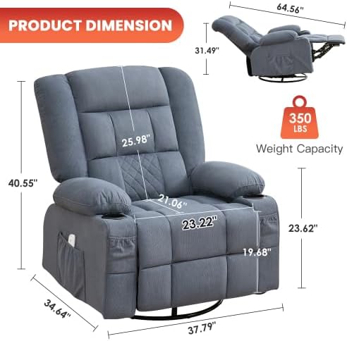 Oversized Recliner Chair for Adults w/ 8-Point 3D Kneading Massage and Lumbar Heating Swivel Rocker Recliner w/USB Charge Port for Living Room Ergonomic Lazy Boy Single Sofa Chair (Blue)