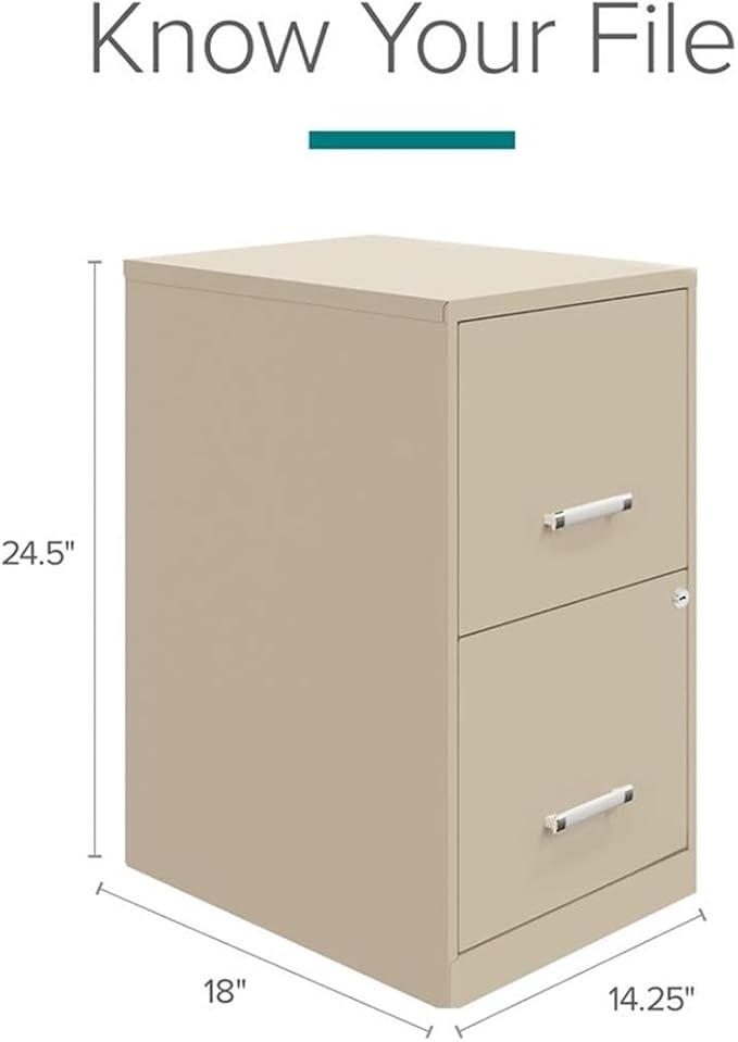 Pemberly Row 2-Drawer Metal Filing Cabinet 18 Deep Putty/Beige Finish Letter-Size Hanging Files High-Side Drawers Cam Lock Security Glide Suspension Home or Office Storage Solution