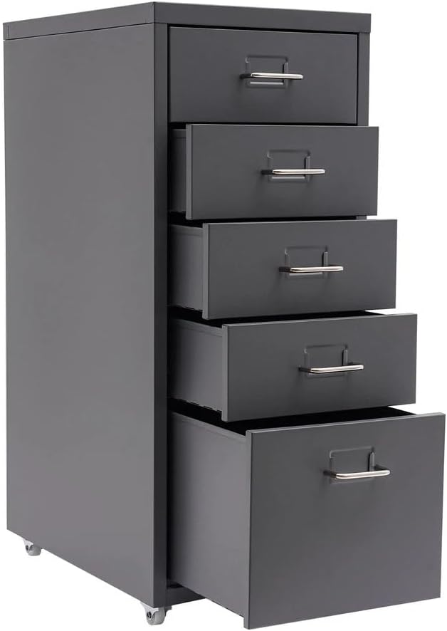 5-Drawer File Cabinet Office Filing Cabinet Stand Storage Organizer with Wheels Freestanding Rolling Storage Dresser Mutifuctional Tool Organizer for Kitchen Bedroom Living Room (Grey)