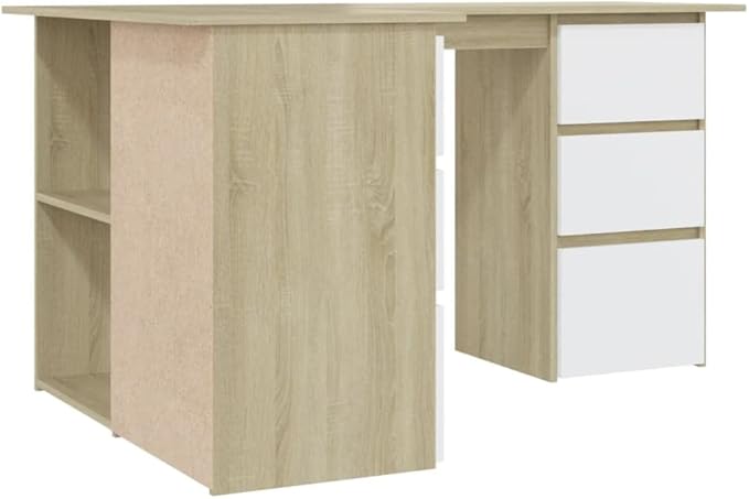 L-Shaped Writing Desk Corner Computer Desk with Drawer and Shelves 57.1in Study Table Workstation for Home Office Multipurpose PC Laptop Table Work Table Office Desk (Oak-White)
