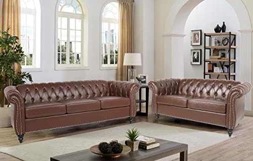 RARZOE Modern 2 Pieces Living Room Sofa Set Tufted Button Faux Leather Chesterfield Three-Seater Couch and Chesterfield Loveseat with Nailhead Trim Scroll Arms for Home Furniture Dark Brown