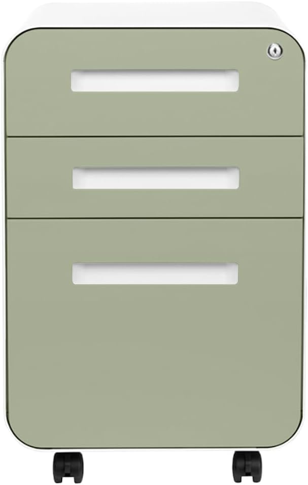 Laura Davidson Furniture Stockpile 3 Drawer File Cabinet with Lock - Under Office Desk Metal Filing Cabinet Legal/Letter File Folders Wheels and Stationary Feet Pre-Assembled Sage Green