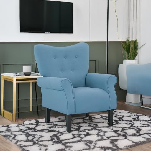 MELLCOM Mid Century Wingback Arm ChairModern Upholstered Fabric High Back Accent Chair with Wood LegsUpholstered Single Sofa Club Chair for Living Room Bedroom Home Office Blue