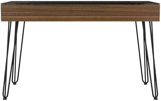 Atlin Designs Modern Wood Desk 47.2 W x 19.6 D Glass Top Mahogany Finish Abstract Steel Legs Industrial Style Spacious Drawer Home Office Desk for Small Spaces or Versatile Use