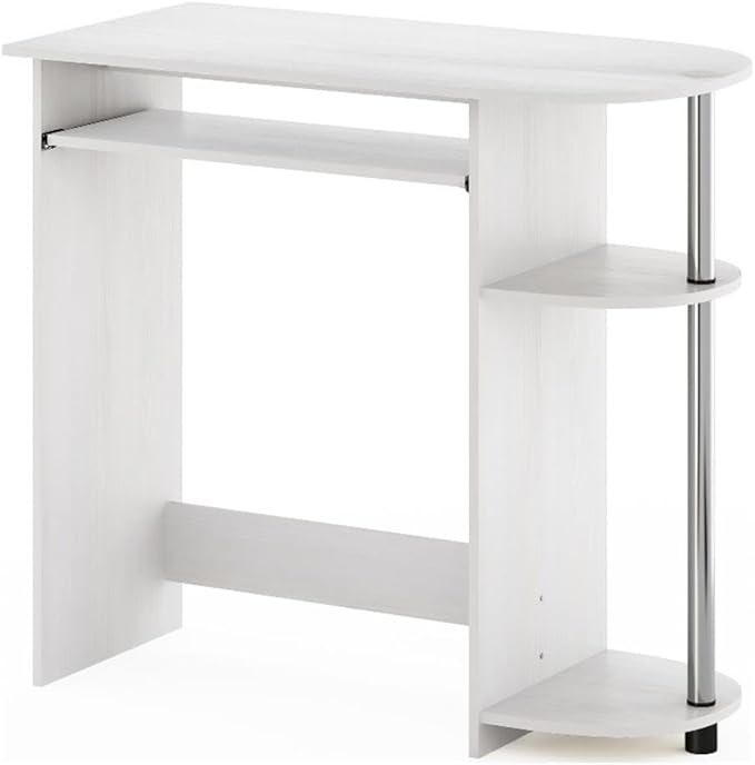 Pemberly Row Computer Desk 31.5 in Wide Composite Wood and Stainless Steel Tubes White Finish Pull-Out Keyboard Drawer Dual Shelves Compact Home Office or Bedroom Workspace