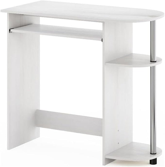 Pemberly Row Computer Desk 31.5 in Wide Composite Wood and Stainless Steel Tubes White Finish Pull-Out Keyboard Drawer Dual Shelves Compact Home Office or Bedroom Workspace