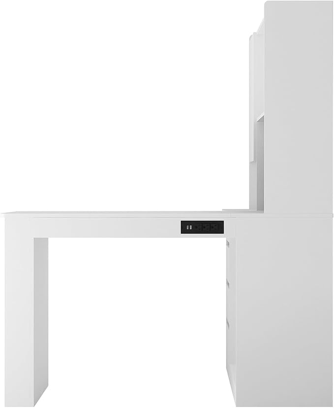 L Shaped Desk with Charger Computer Desk with Drawers Modern Corner Desk with Bookshelf Home Office Desk with Hutch Study Table Writing Desk with LED Light White