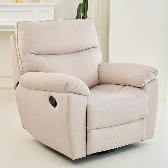 Reclining Sofa Rocking Recliner Chair Manual Adjustable 360 Swivel with Ergonomics Overstuffed Lumbar Arm Support Natural Fabric Surface Made for Living Room Bedroom Nursery Milk White