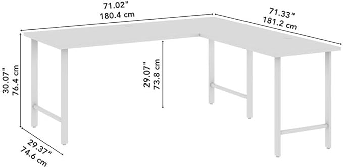 Pemberly Row 72W L Shaped Computer Desk Engineered Wood Metal Legs White Finish Durable Scratch-Resistant Workspace with Wire Management Modern Home Office Desk for Small to Medium Businesses