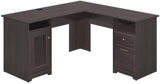 BOWERY HILL L-Shaped Corner Desk 60 Laminate and Wood Heather Gray Finish Fluted Glass Door USB Hub File and Box Drawers Home Office Workstation for Organized Storage