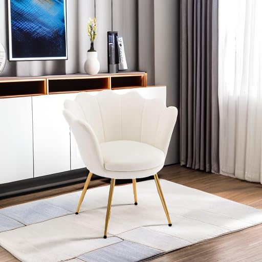 chairus Cream White Makeup Vanity Chair with Back Small Modern Velvet Upholstered Accent Chair with Gold Metal Legs Cute Shell Shaped Vanity Stool Desk Chair for Living Room Bedroom Dressing Room