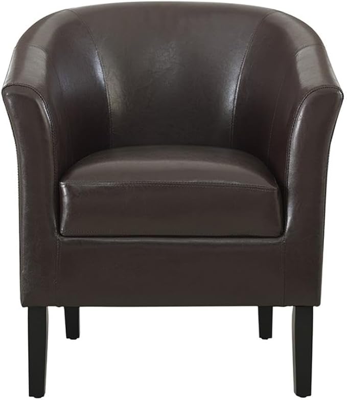 Pemberly Row Contemporary Faux Leather Barrel Club Chair Brown Finish Rubberwood Frame Upholstered Vinyl Flared Armrests Arching Backrest 28.25W x 25.5D x 33H Accent Chair for Living Room