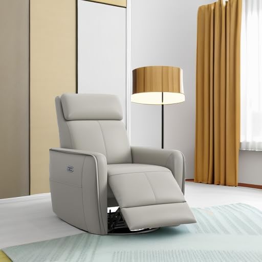 ANJ Power Swivel Rocker Recliner ChairNursery Rocking Chairs with USB &amp Type C PortUpholstered Faux Leather Glider Rocking Chair for Living Room Silver Gray